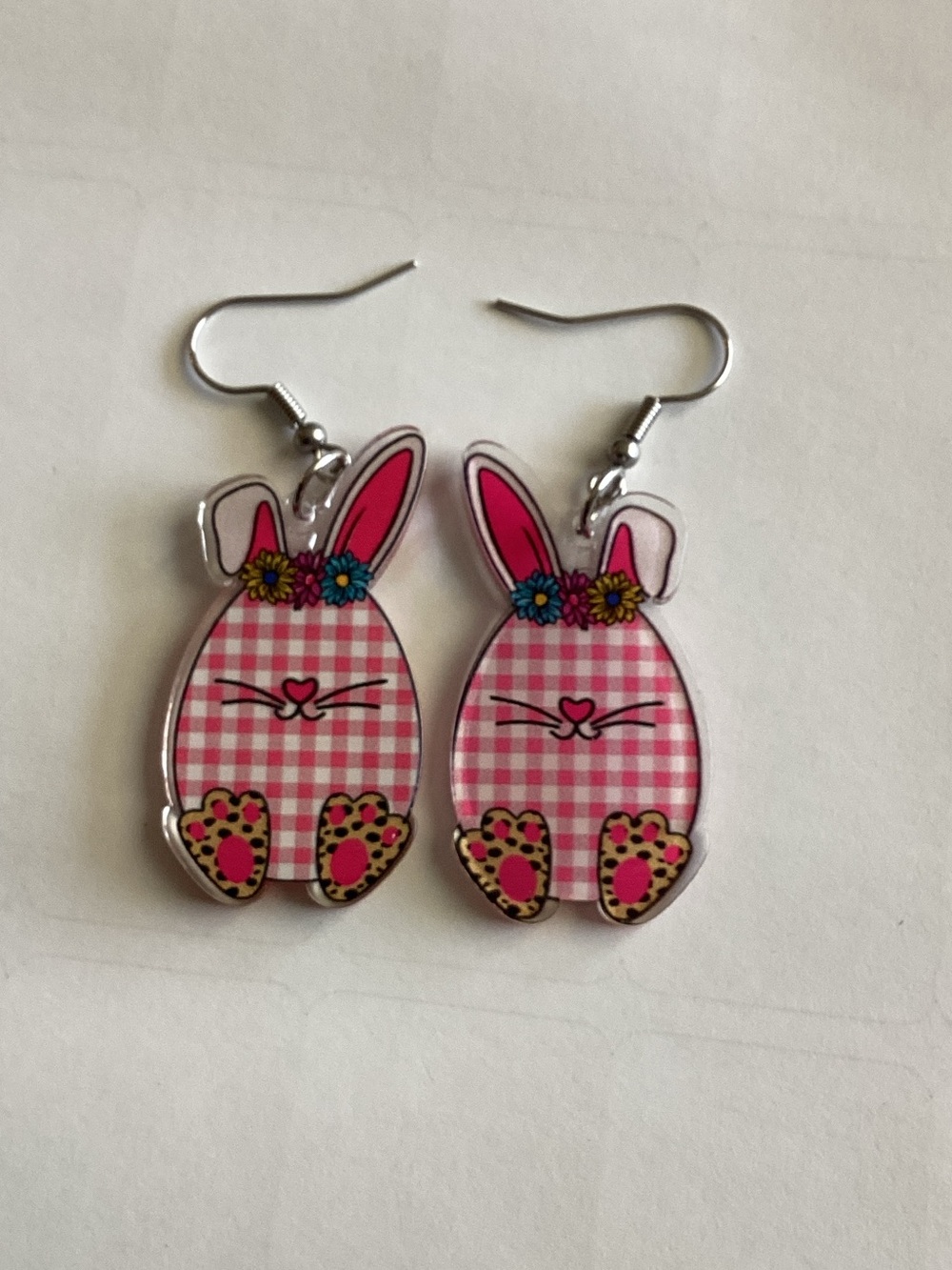 Pink Gingham Bunny Dangle Earrings with Floral Accent